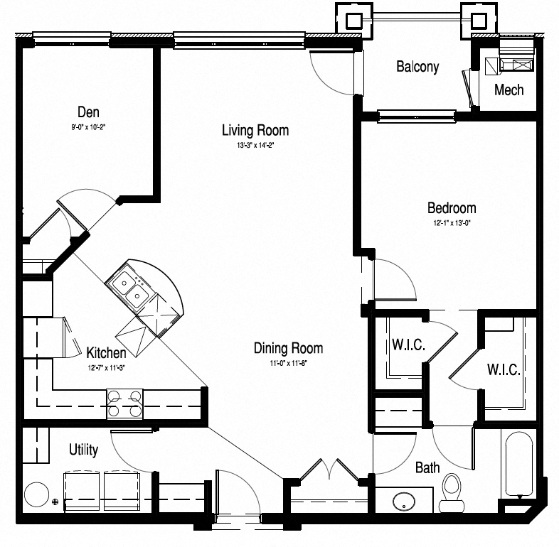Floor plan for 1 bed, 1 bath, 1160 sqft
